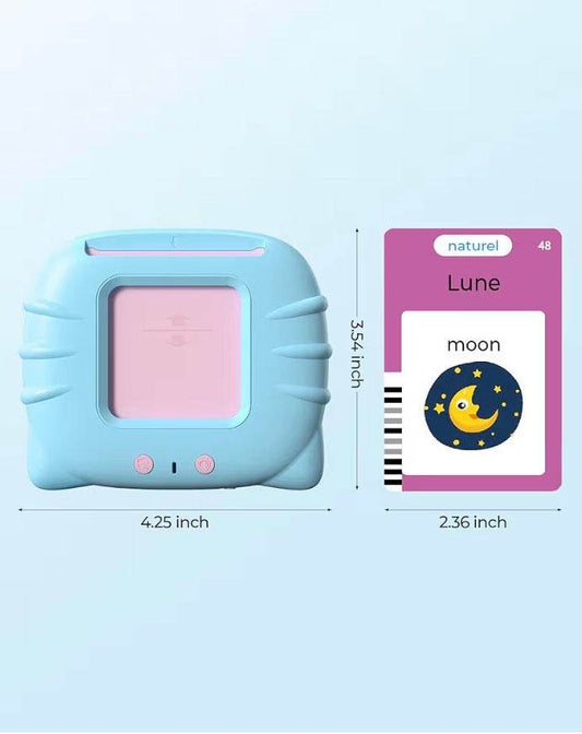Bilingual French and English talking flash cards with blue electronic reader and moon card showing French and English words
