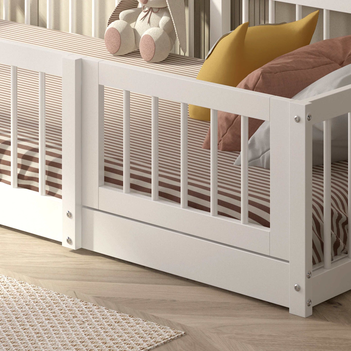 DREAM RAFT Montessori natural floor bed twin size with protective guardrails and nautical-inspired white pine design
