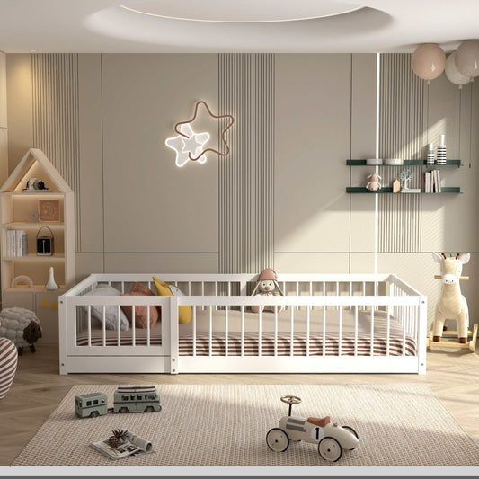 Dream Raft Montessori natural floor bed twin with guardrails in a modern nautical-inspired kid's room