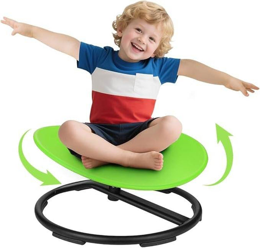 Child sitting and spinning on the green Winnrok Sensory Spinning Chair for kids with black metal base
