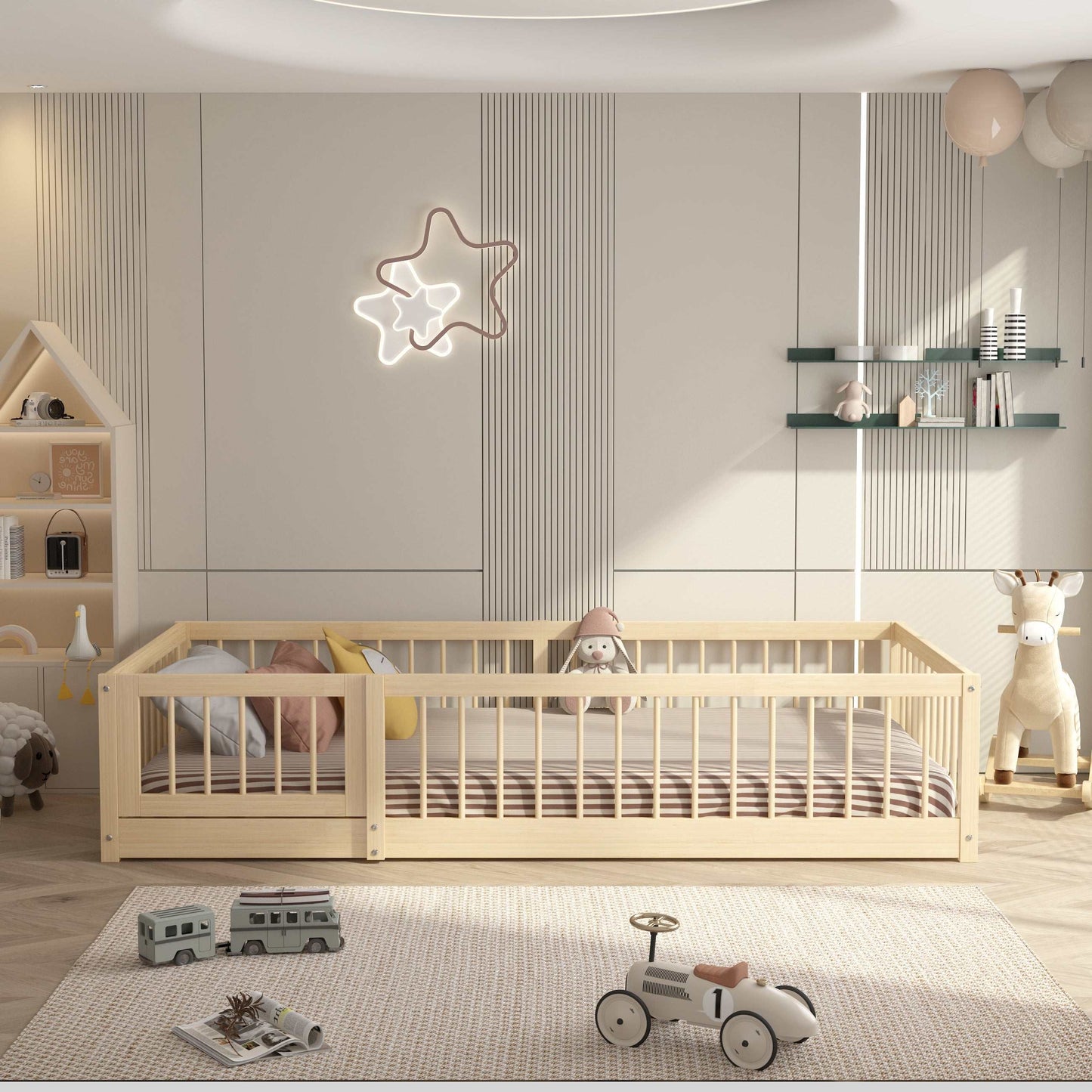Dream Raft Montessori natural floor bed twin with guardrails made of New Zealand pine in a minimalist children's room