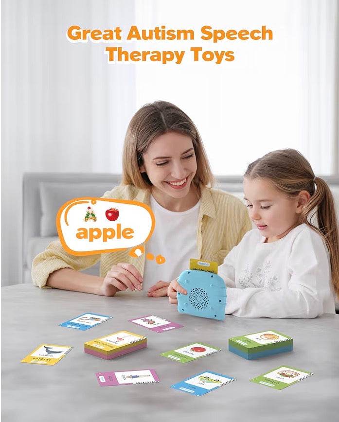 Mother and child using bilingual French and English talking flash cards for autism speech therapy and language learning.