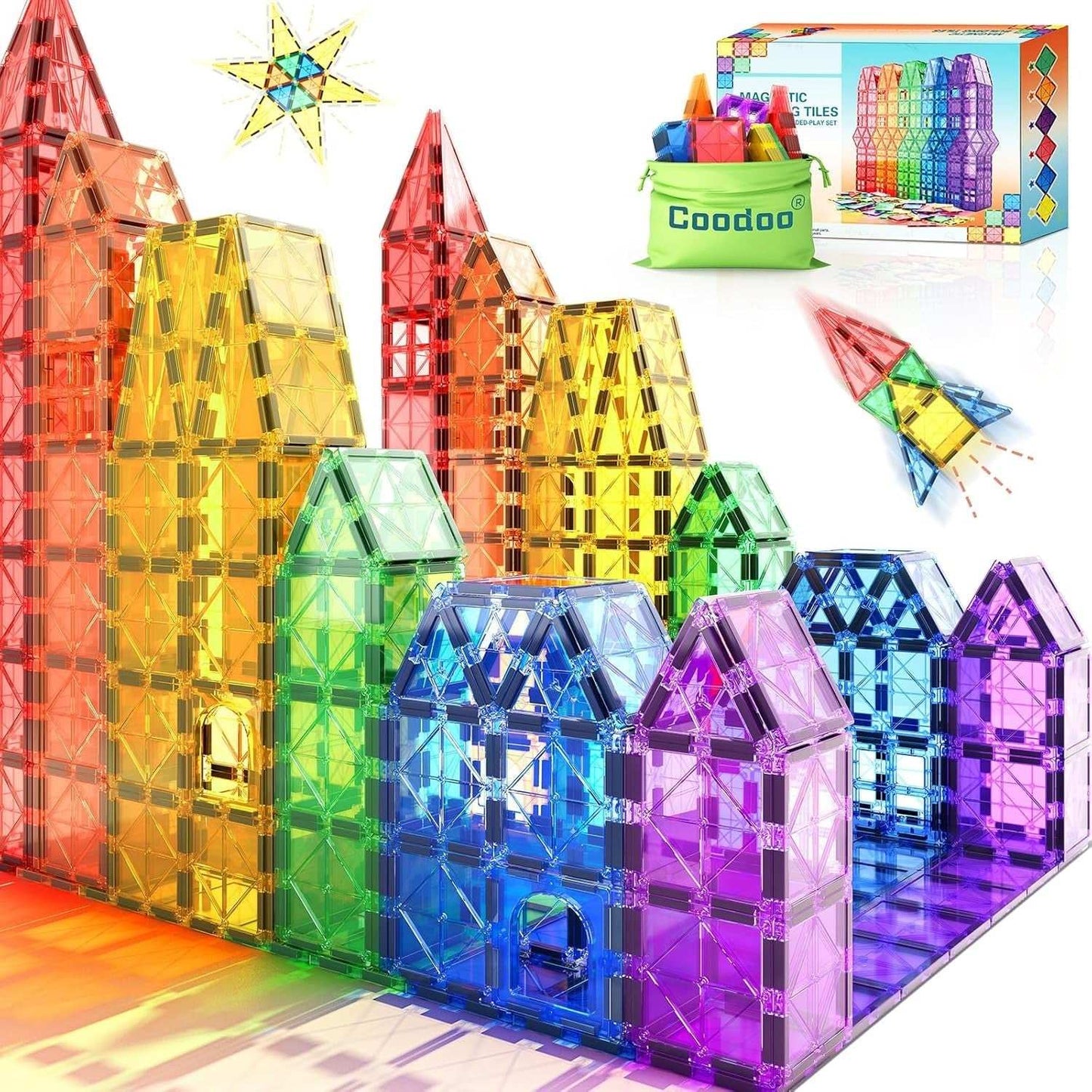 Colorful Magnetic Tiles Building Set for Kids STEM Learning and Creativity with Carrying Bag