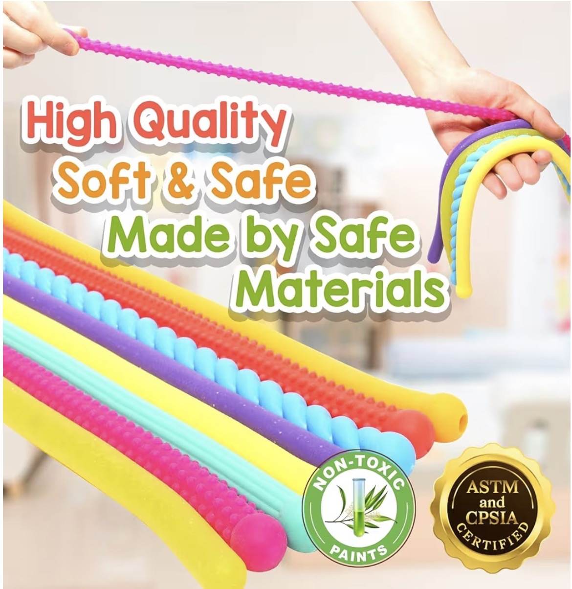 Colorful stretchy string fidget sensory toys for autism, soft, safe, non-toxic, and ASTM certified