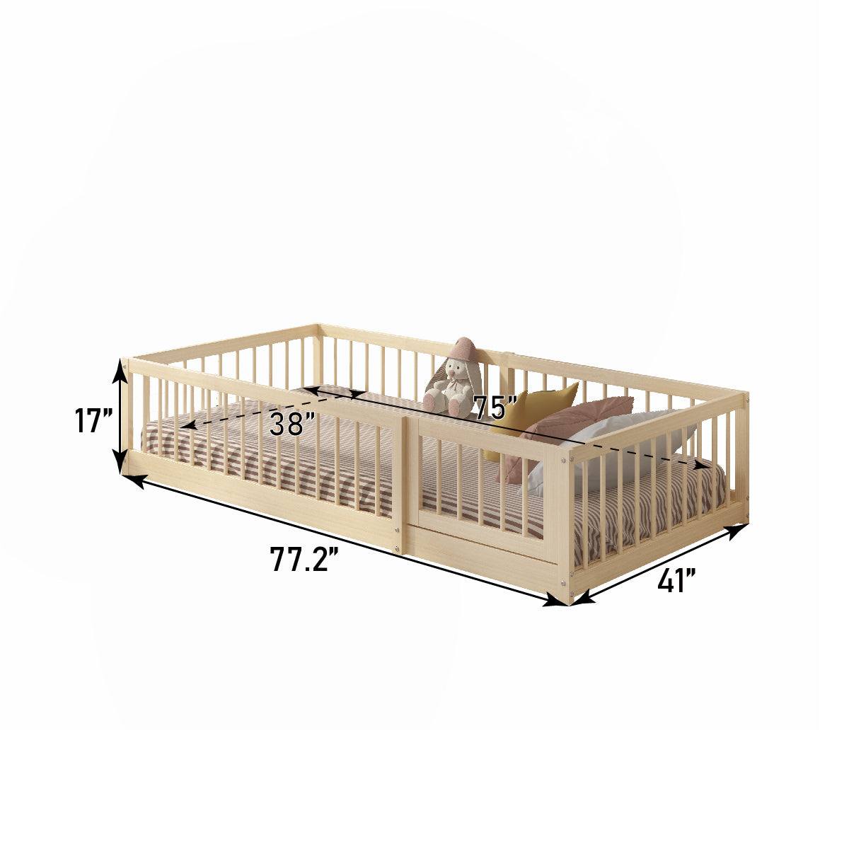 Natural wood DREAM RAFT MONTESSORI floor bed with protective guardrails and slats, twin size, low to ground design