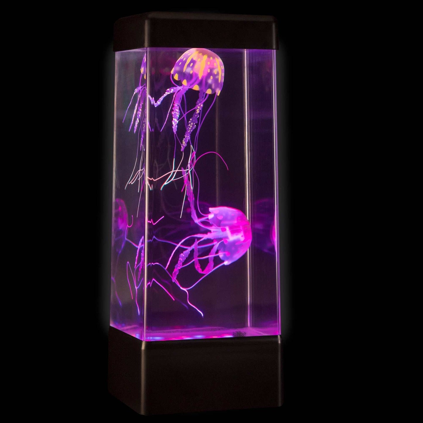 JINX Luminous Jellyfish sensory lamp with vibrant glowing jellyfish in a clear rectangular tank