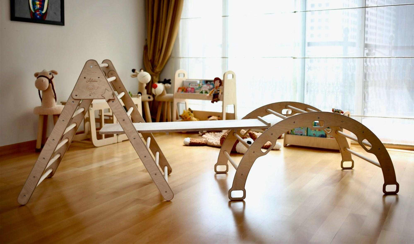 Montessori Climbing Set with Pikler Triangle, Arch Rocker, and 2in1 Climbing Sliding Ramp in natural wood for toddler motor skills development