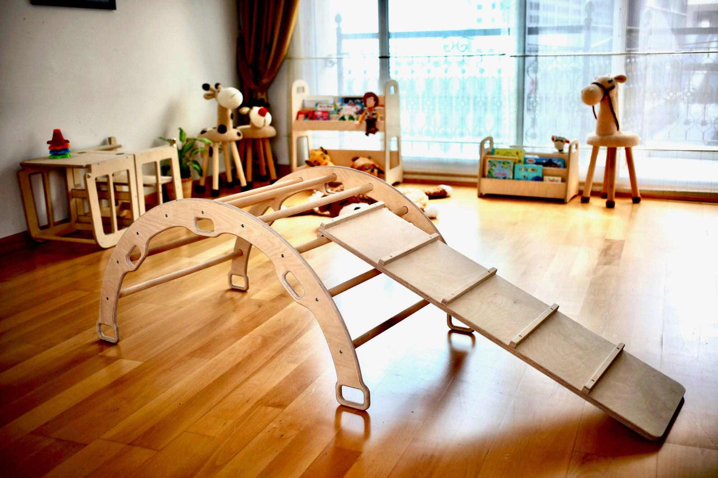 Montessori climbing set with natural wood triangle, arch rocker, and sliding ramp for kids' motor skills development
