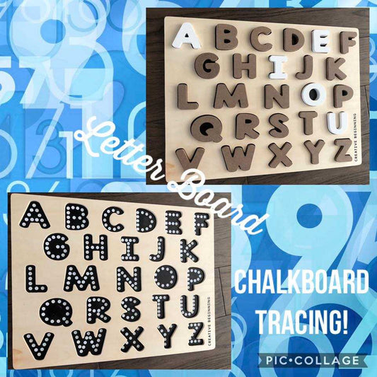 Alphabetical puzzle with chalkboard base and tracers for educational tracing and fine motor skill development