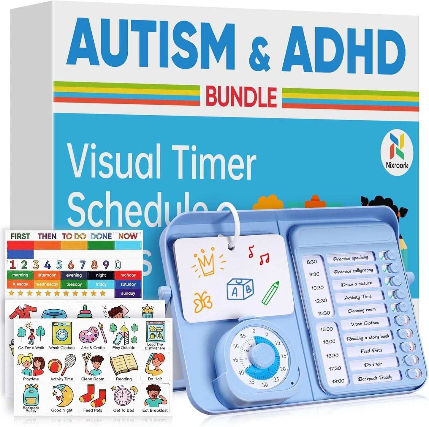 Autism Schedule Support Kit with visual timer, chore chart, schedule magnets, whiteboard, designed for autism and ADHD support.