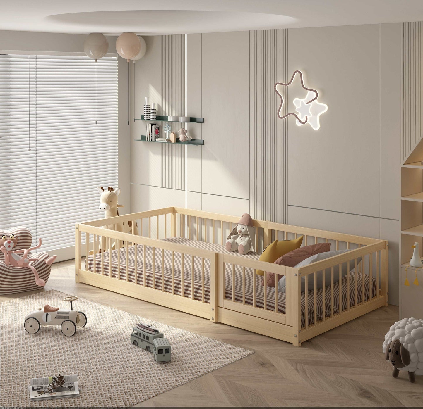 Dream Raft Montessori natural twin floor bed with guardrails in a minimalist kids room