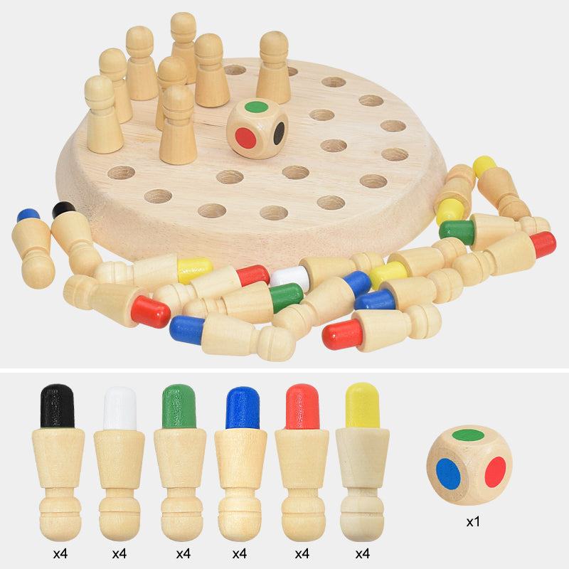 Kids wooden memory match sticker chess game with colorful pieces and dice on a round wooden board