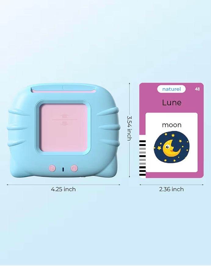 Bilingual French and English talking flash cards with blue electronic reader and moon card showing French and English words