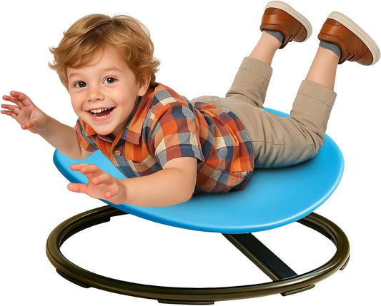 Child playing happily on a blue Winnrok Sensory Spinning Chair designed for kids with autism and ADHD