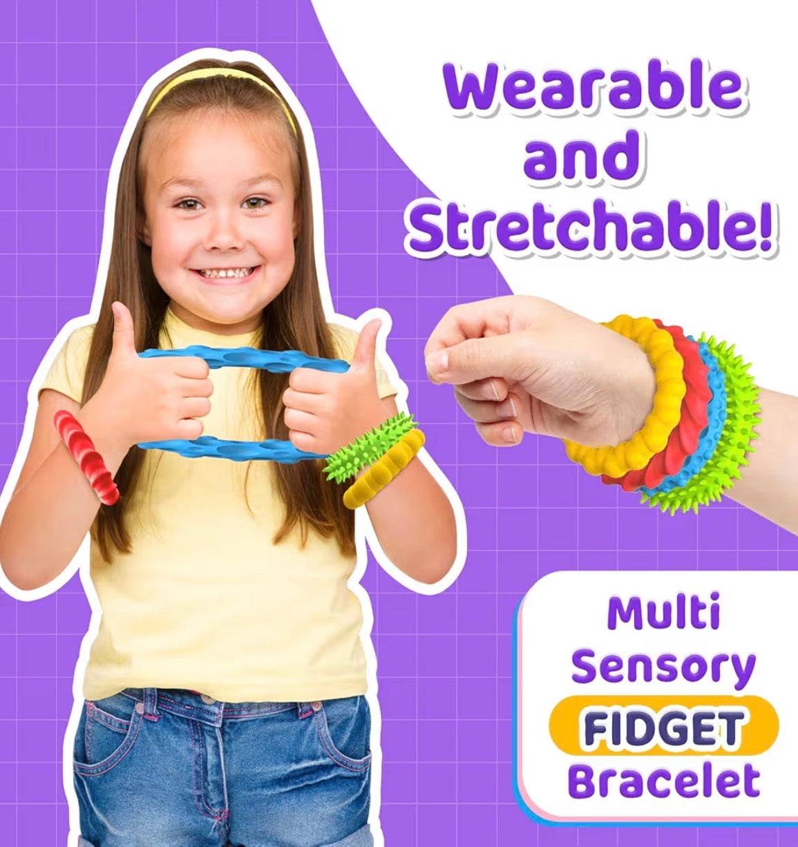 Child wearing colorful stretchy sensory fidget toy bracelets for stress relief and calming