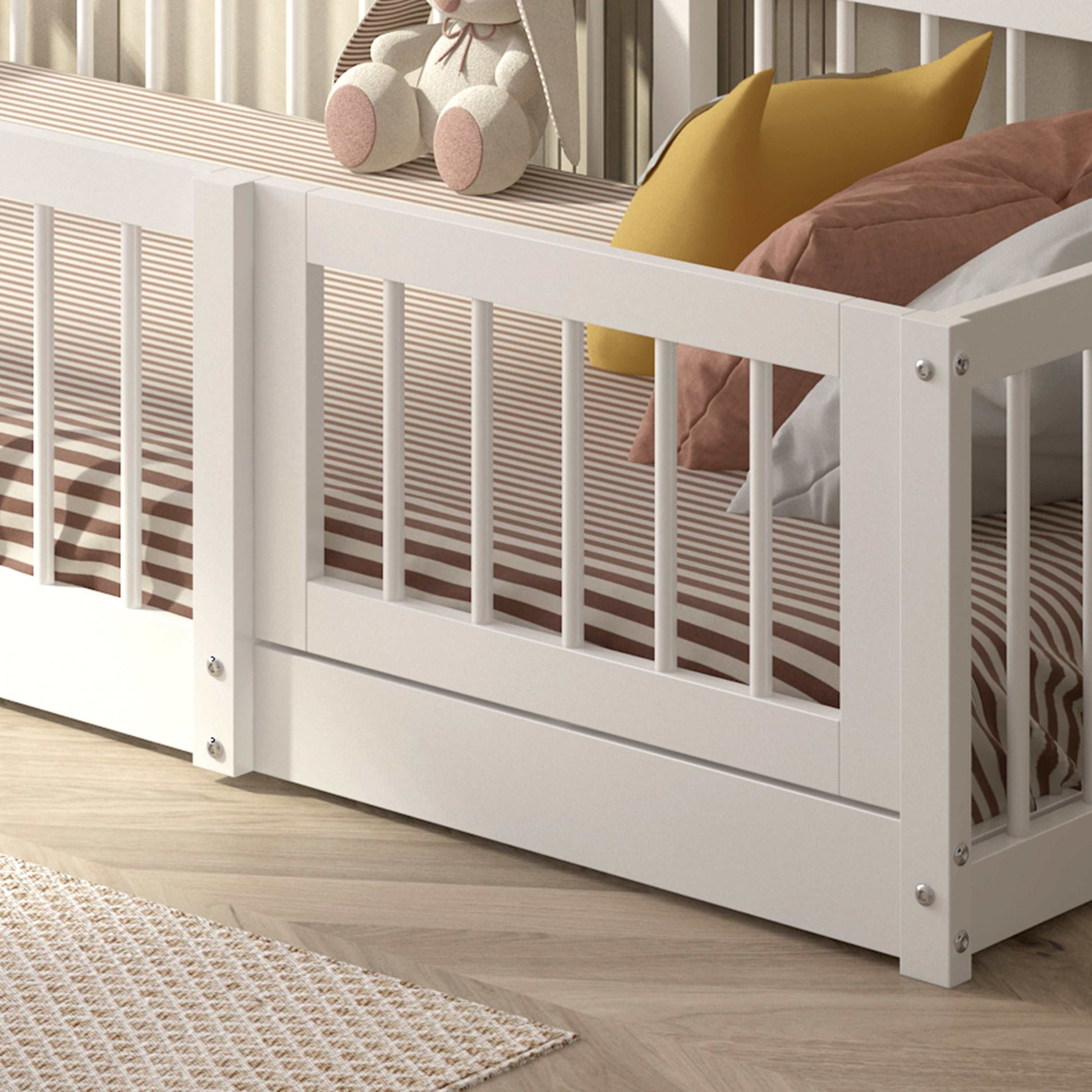 DREAM RAFT Montessori natural floor bed twin size with protective guardrails and nautical-inspired white pine design