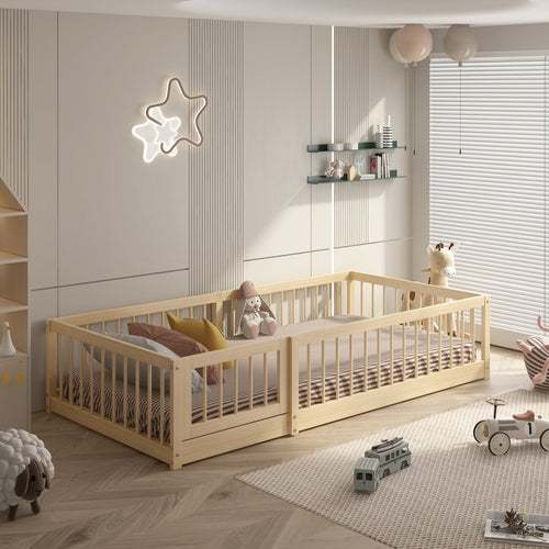 DREAM RAFT MONTESSORI natural pine twin floor bed with guardrails and slats in a nautical-inspired kids room