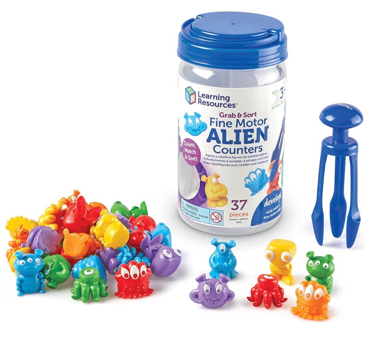 Learning Resources Grab & Sort Fine Motor Alien Counters with 37 colorful pieces and blue tweezers in clear jar for toddler STEM math learning