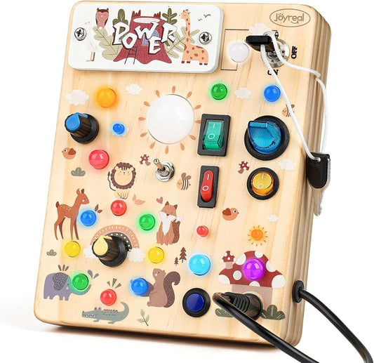 Joyreal Montessori Busy Board wooden sensory toy with colorful switches and LED lights for toddlers 18+ months