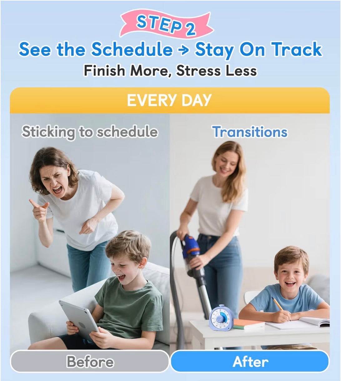 Before and after images showing improved child behavior using Autism Schedule Support Kit for sticking to schedule and smoother transitions