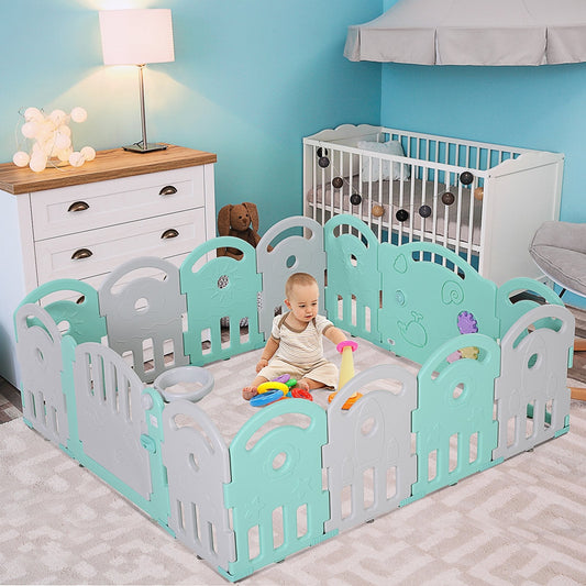 Qaba 2.1' 14 pcs green children's playpen safety gate in a nursery room with baby toys and crib