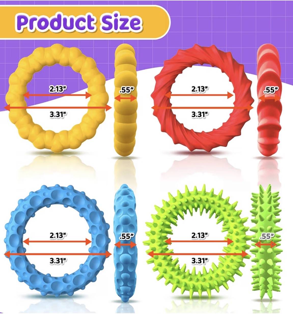 Set of 4 colorful textured sensory fidget toys with size measurements for stress relief and autism calm down therapy