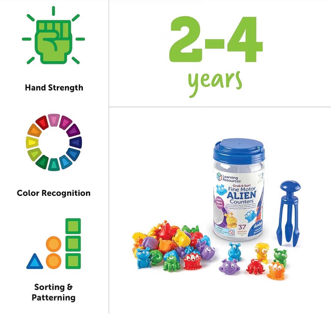 Learning Resources Grab & Sort Fine Motor Alien Counters for toddlers 2-4 years with 37 colorful alien shapes, promoting hand strength, color recognition, and sorting skills