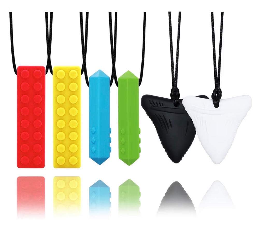 Haoisun Chewy Necklaces sensory chew toys for kids in six colors and shapes with black cords