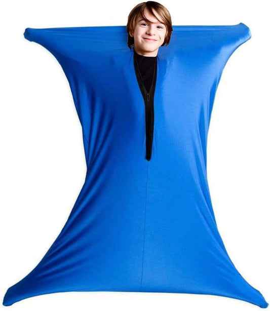 Child wearing blue sensory body sock made of stretchy fabric for autism and anxiety relief with zipper adjustment