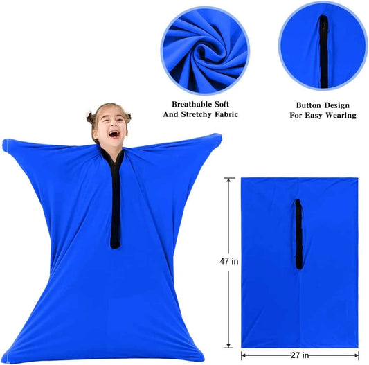 Blue sensory body sock for kids with zipper, breathable stretchy fabric, and button design for easy wearing and anxiety relief.