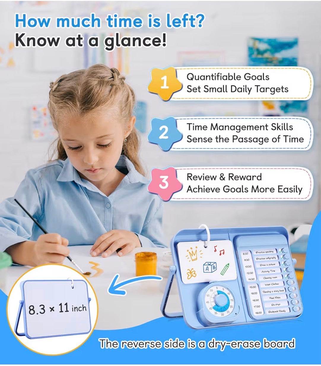 Child using Autism Schedule Support Kit with visual timer, chore chart, and dry erase board for time management and routine building.