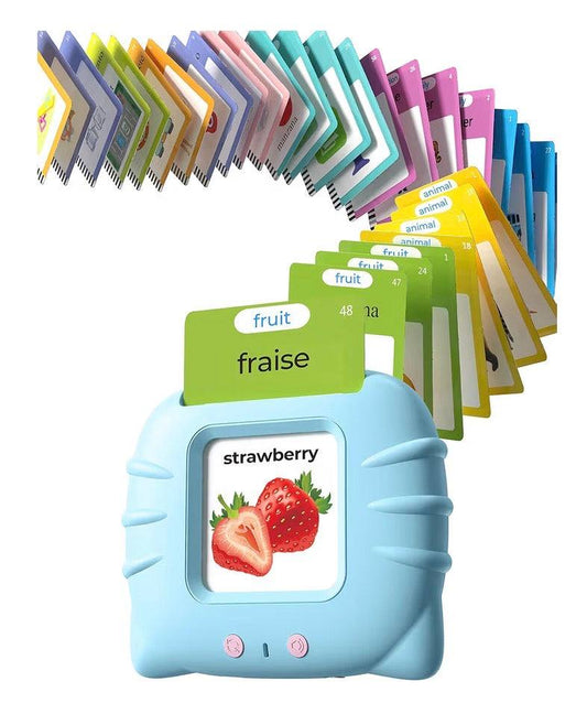 Bilingual French and English talking flash cards with blue electronic device and colorful word cards for language learning and speech therapy
