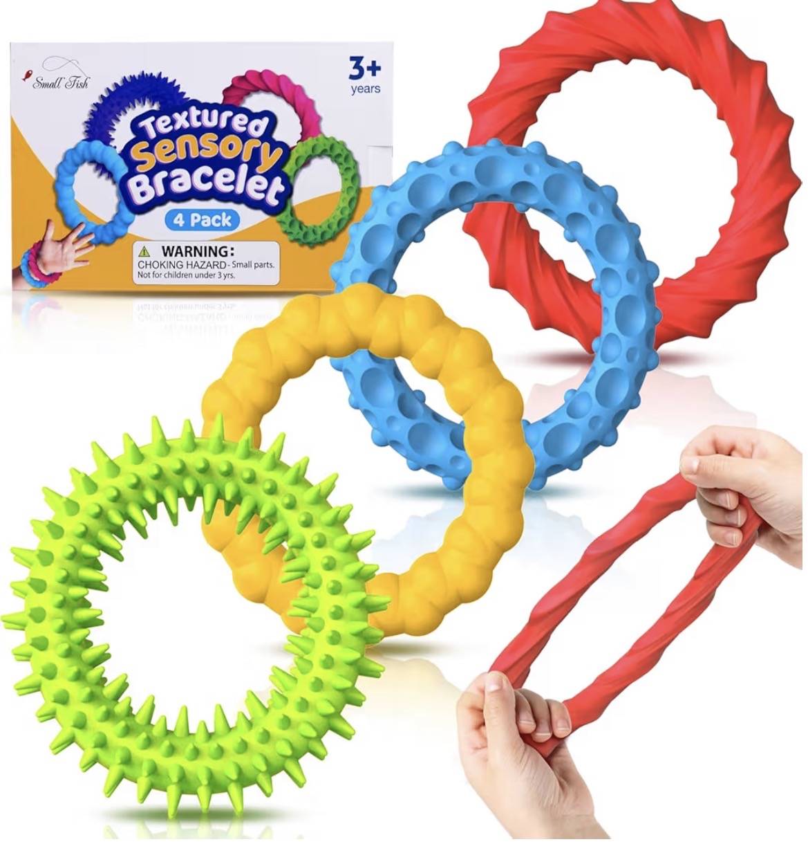 Sensory fidget toy bracelets in red, blue, yellow, and green with textured surfaces for stress relief and calming.