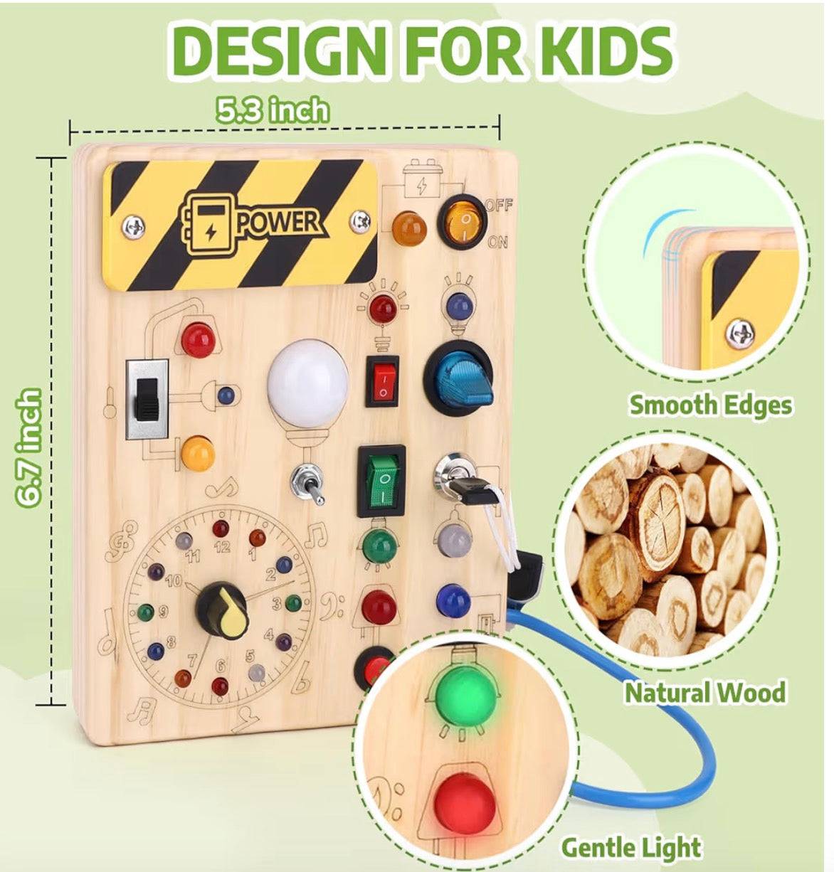 Joyreal Montessori Busy Board wooden sensory toy with LED lights for toddlers 18+ months with switches and smooth natural wood edges