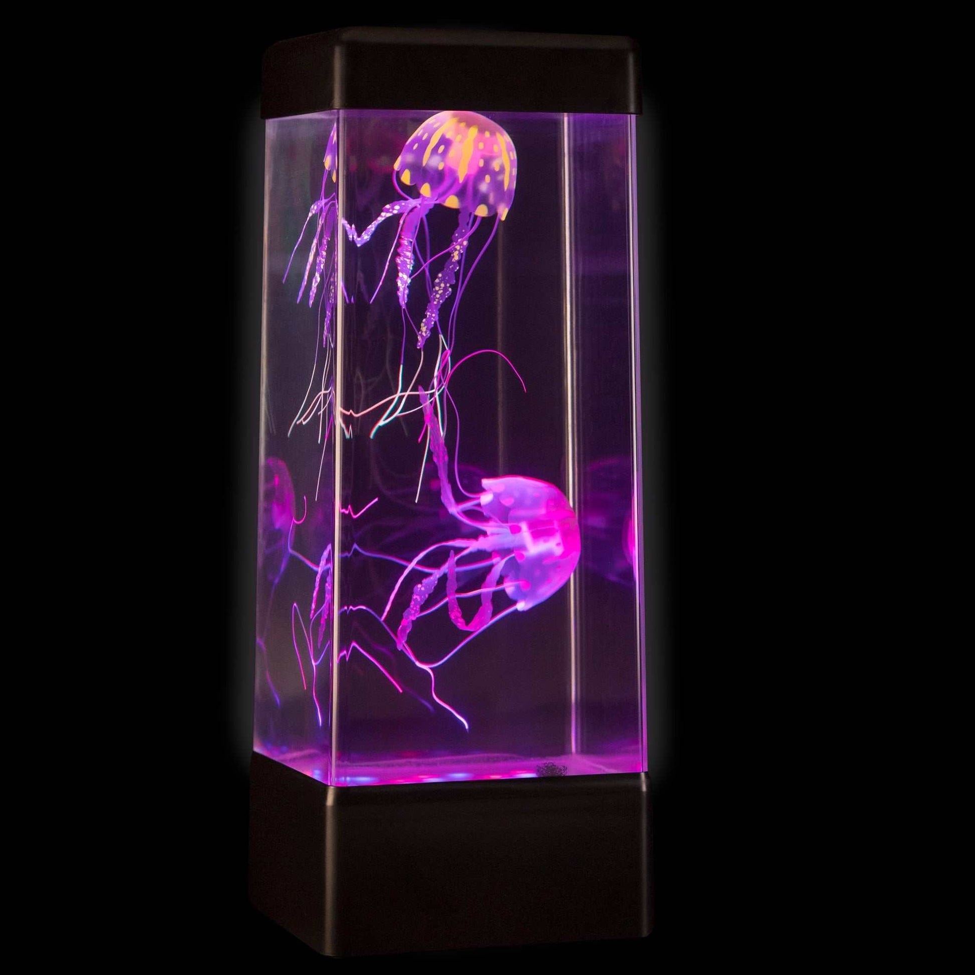 JINX Luminous Jellyfish sensory lamp with vibrant glowing jellyfish in a clear rectangular tank