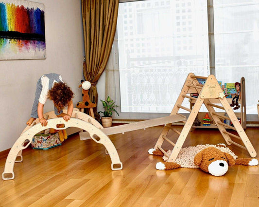 Montessori Climbing Set with Pikler Triangle, Climbing Arch, and Sliding Ramp made of natural wood for kids' motor skill development