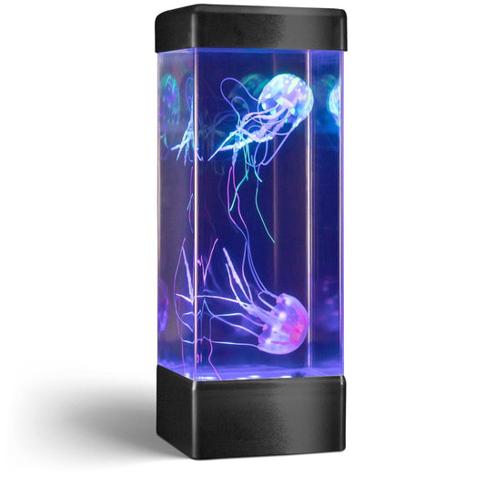 JINX Luminous Jellyfish sensory mood lamp with glowing colorful jellyfish in a rectangular tank