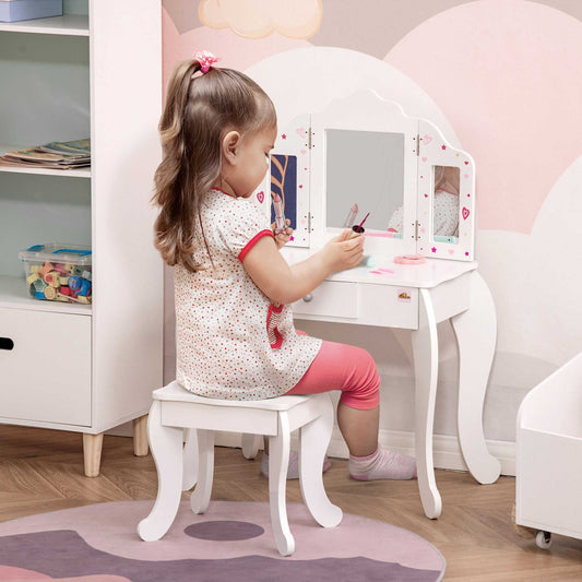 Qaba Kids Vanity Table with stool, tri-fold mirrors, star and heart pattern, white kids dressing set