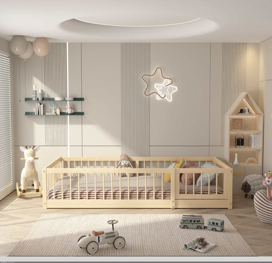 Dream Raft Montessori natural floor bed with guardrails in children's room