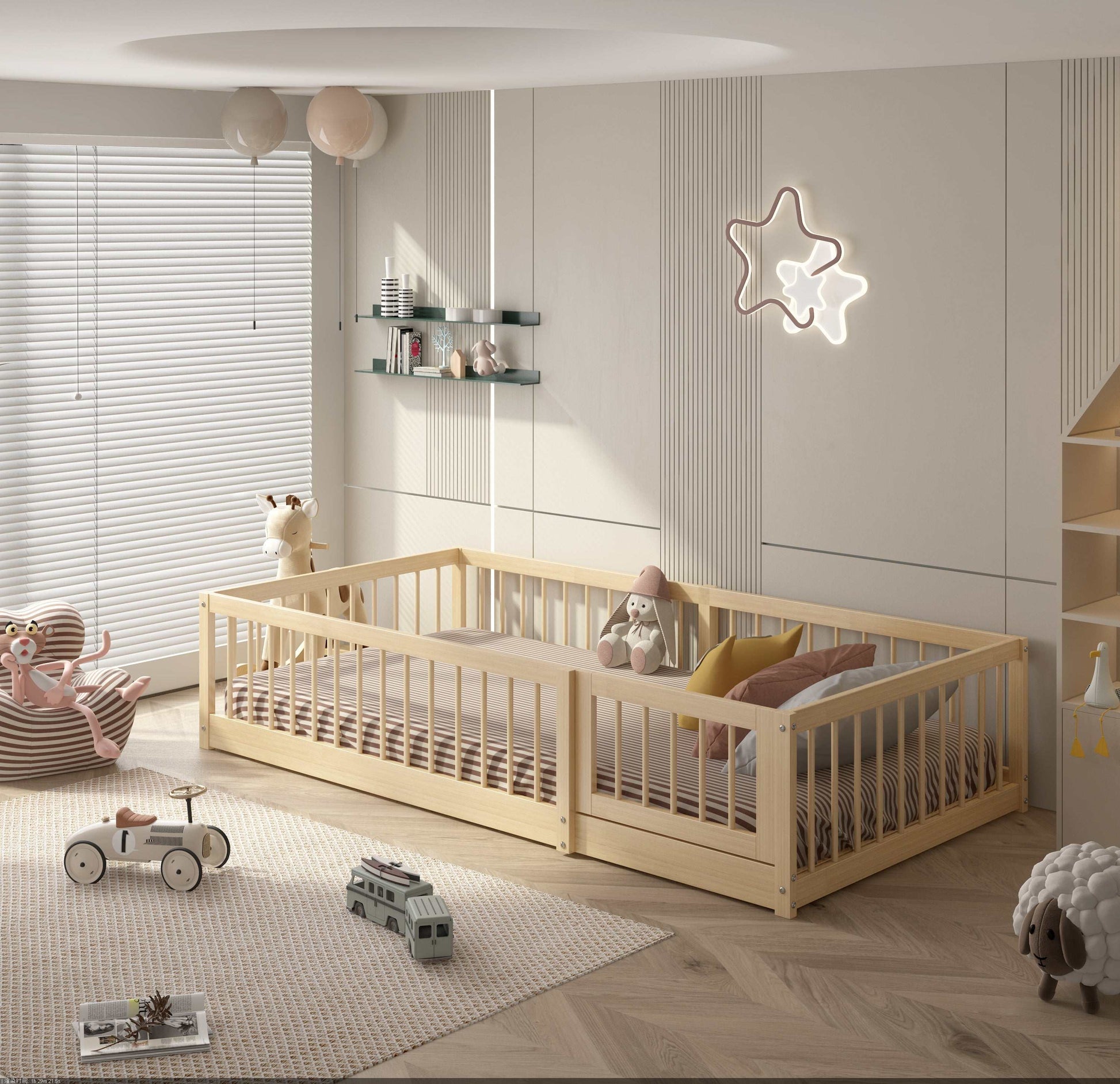Dream Raft Montessori natural twin floor bed with guardrails in a minimalist kids room
