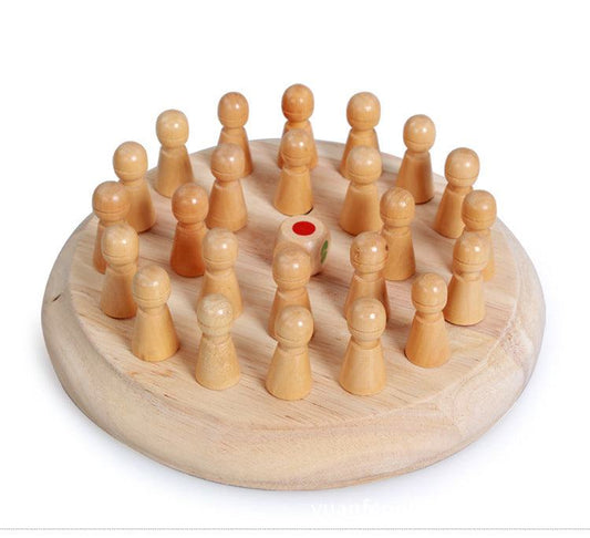 Kids wooden memory match stick chess game on round board with colored dice